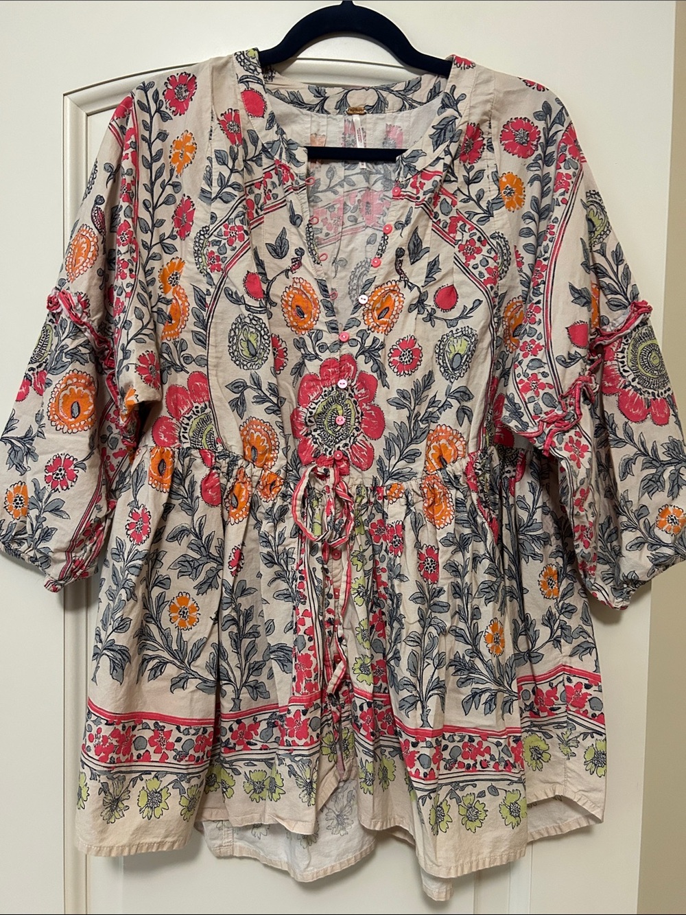 Free People Floral Drawstring Peasant Avery Tunic - Cream with Pink & Orange